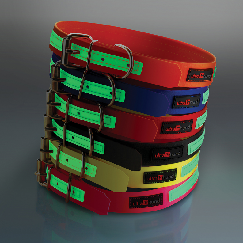 Play Glow dog collar in red, blue, green, and yellow tones, metal buckle with glow details