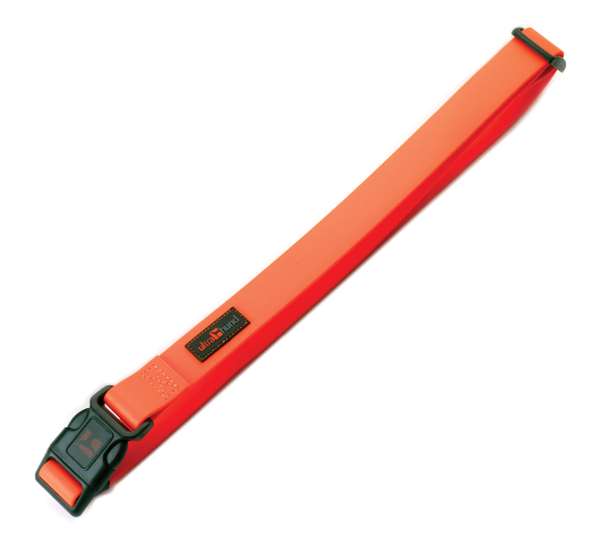 Orange adjustable jogging belt strap with black slider buckle close-up