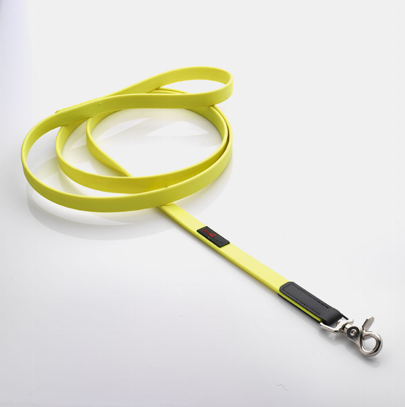 Lime green webbing dog leash, black padded section, and metal D-ring clip end