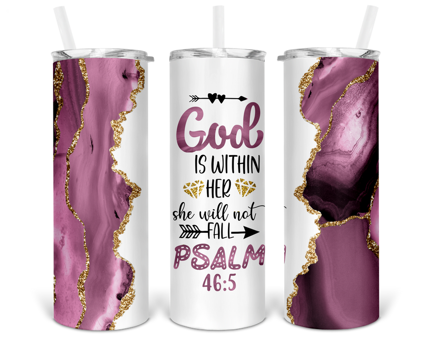 Set of three stainless steel tumblers: purple marble with gold, and white with scripture print.