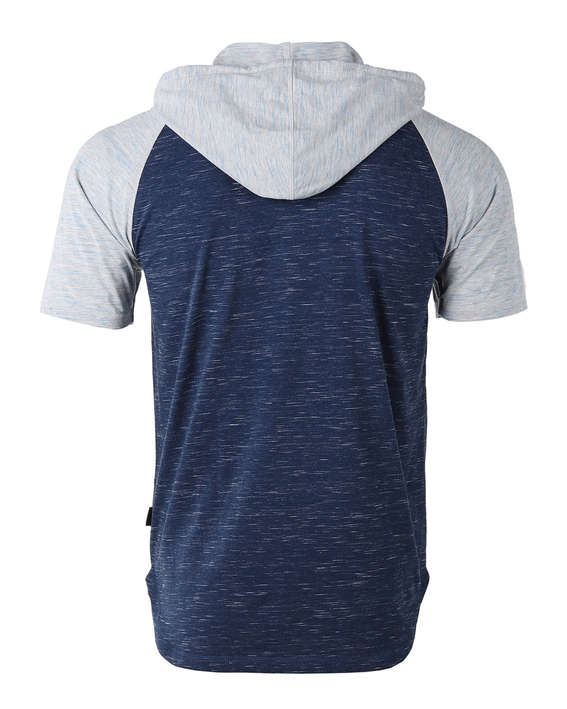 Men's short-sleeve raglan hoodie, navy and light gray color block, back view with hood