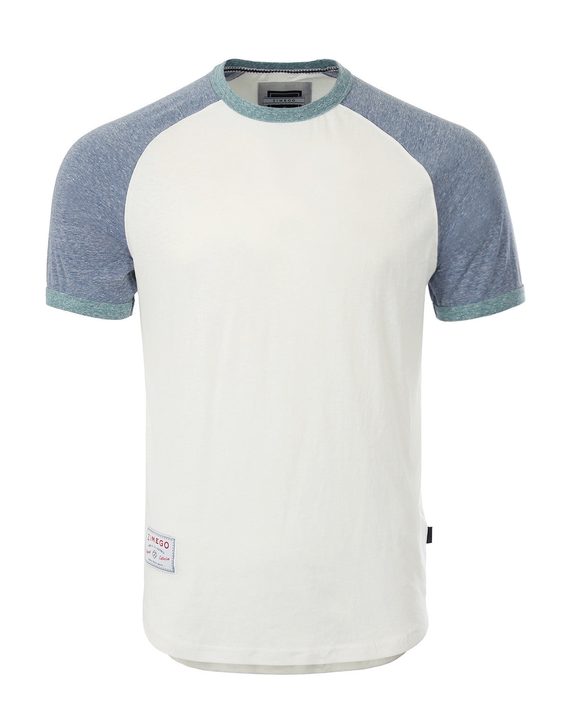 Men's raglan ringer T-shirt, white front with heather blue sleeves and teal neckline