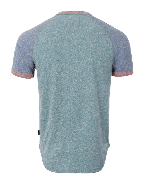 Men's raglan ringer T-shirt, teal body with navy sleeves and rust trim at collar