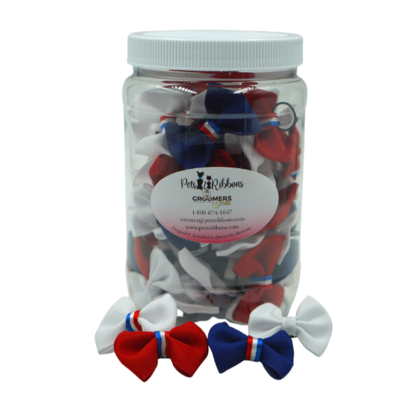 Dog hair bows in a jar, red white and blue striped fabric rubber band bows