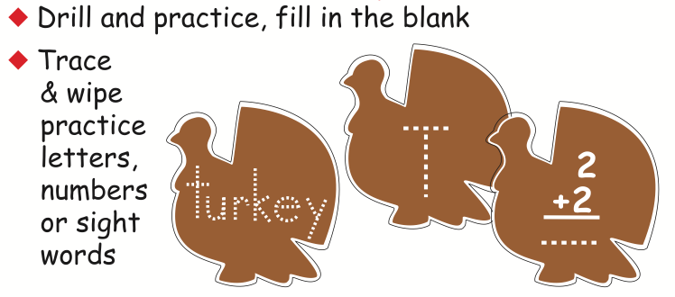 Brown turkey foam cut-outs with dotted tracing areas and number prompts