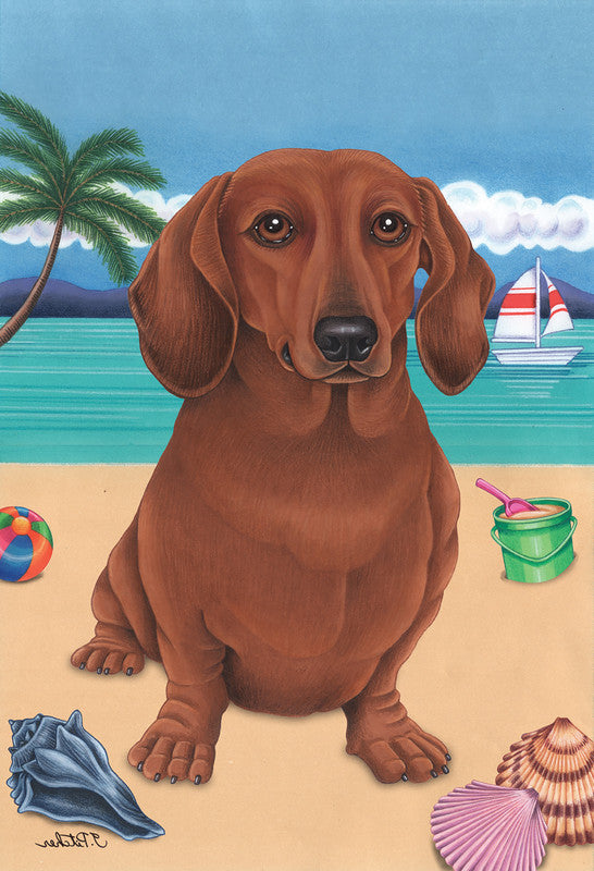 Dachshund garden flag design featuring a red dachshund portrait with beach scene background