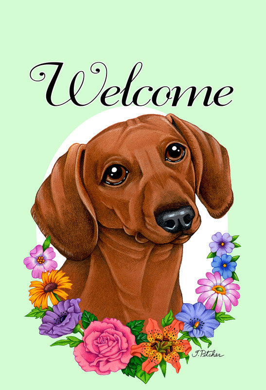 Red dachshund garden flag with 'Welcome' lettering and colorful flower wreath
