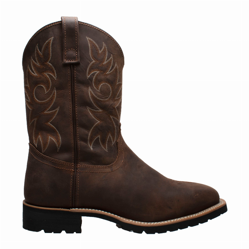 Dark brown suede western work boots with embroidered flame pattern and low heel