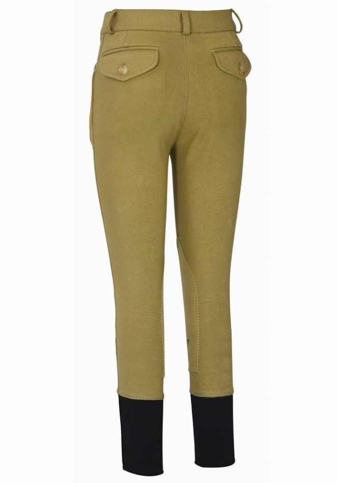 Boys' light knee patch breeches, olive with front pockets and black ankle cuffs