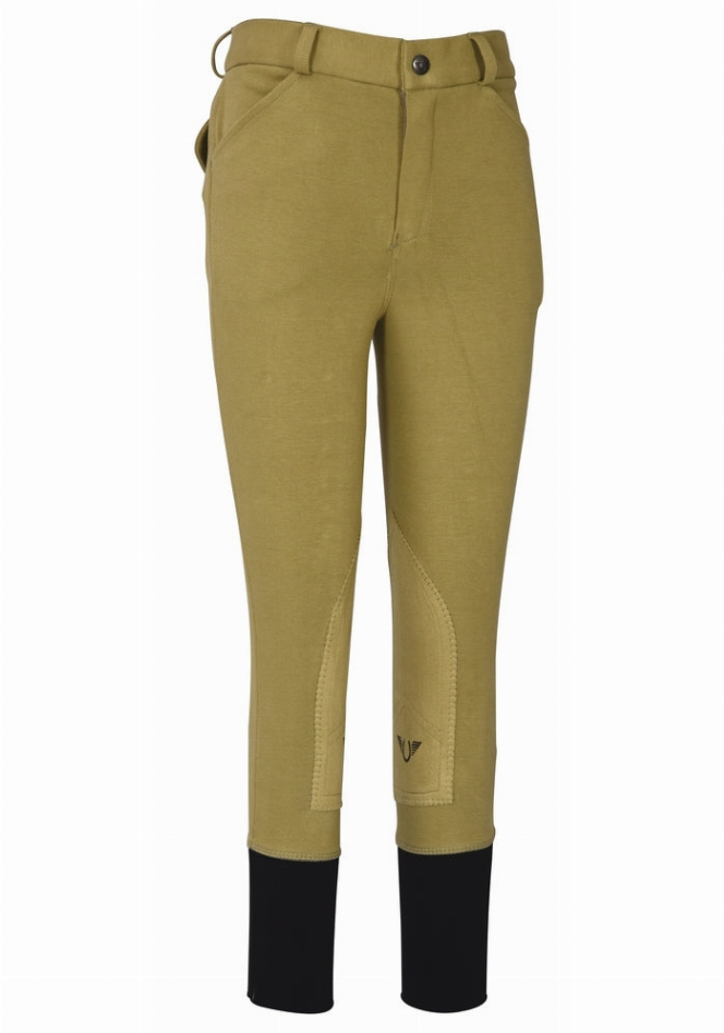 Boys' light knee patch breeches, olive with back seams and black ankle cuffs