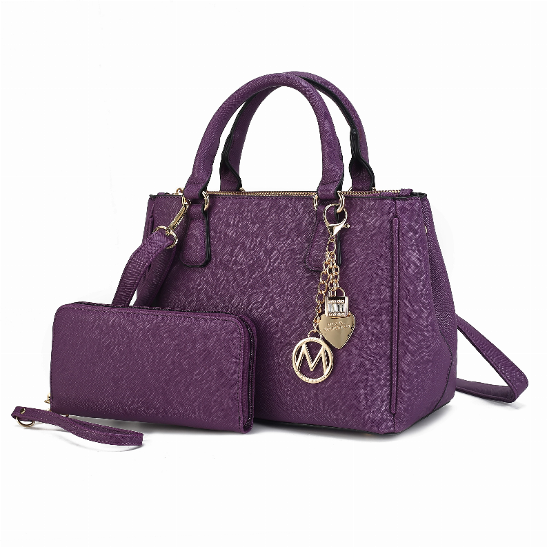Purple vegan leather satchel bag with matching wallet pouch, top handles, shoulder strap, charm