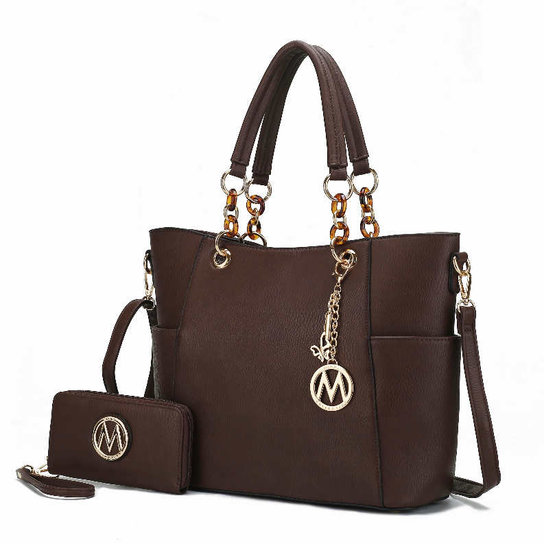 Brown tote bag with wallet set, top handles, side zip pocket, gold logo charm, strap