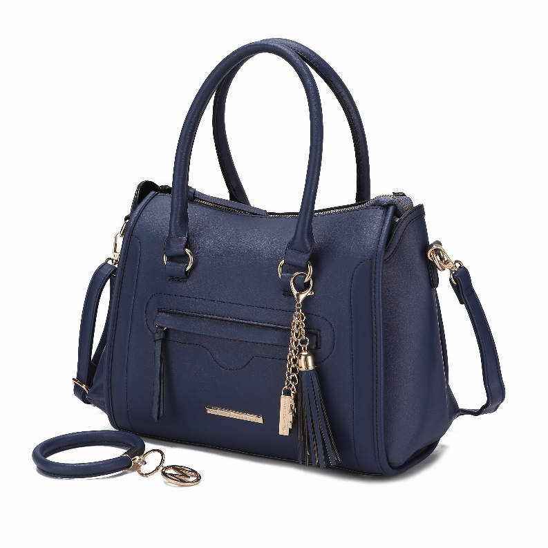 Navy Valeria satchel with keyring, front flap pocket, chain tassel, and side release strap
