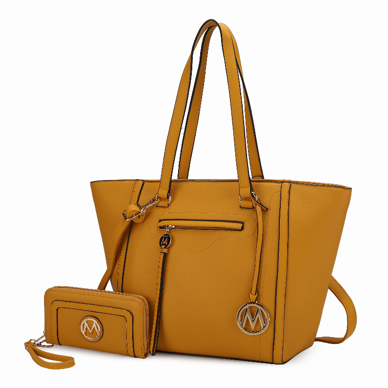 Tan vegan leather tote bag with front zip pocket and matching wallet, 2-piece set