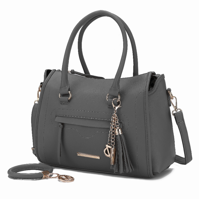 Dark gray leather-look satchel with keyring, front flap pocket, tassel charm