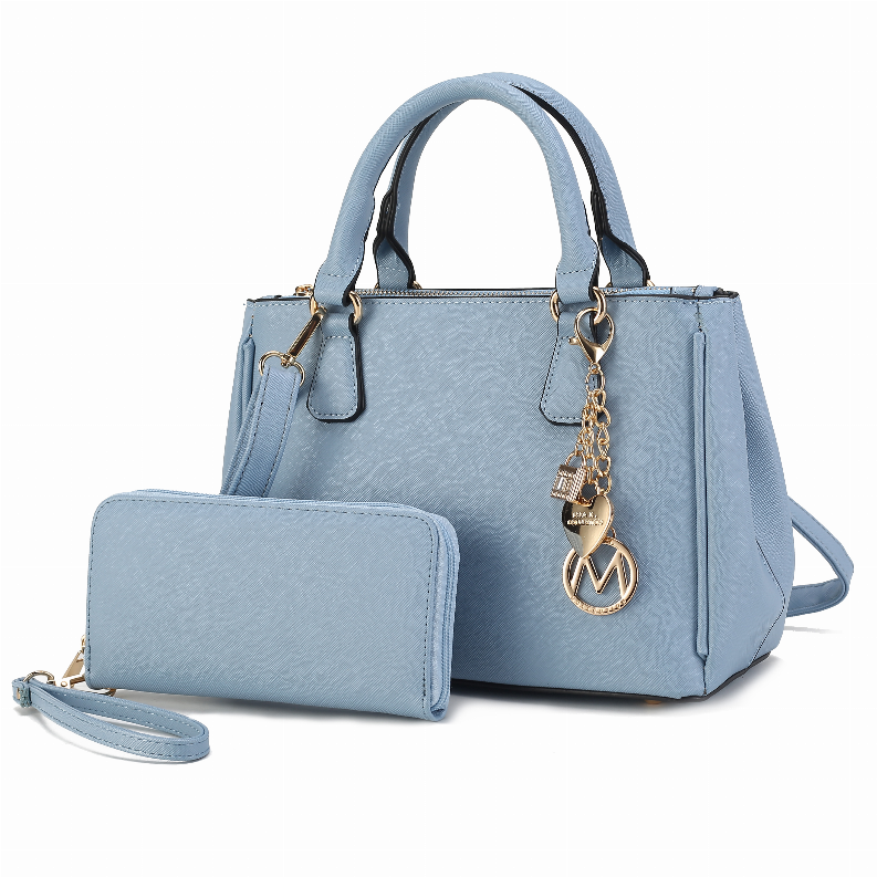 Light blue satchel bag with two top handles and matching wallet pouch with strap