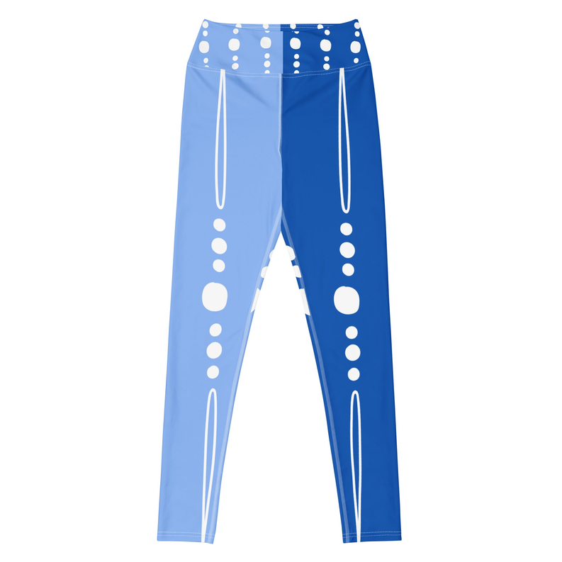 Blue yoga leggings with white tribal dot and line print, full-length skinny fit