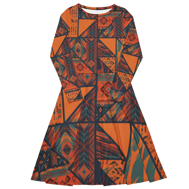 Front view patchwork geometric print long-sleeve midi dress, orange and teal