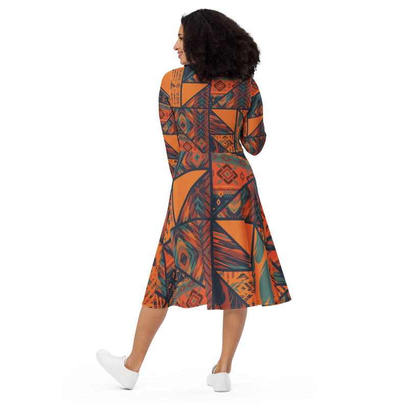 Back view patchwork geometric print long-sleeve midi dress, orange and teal