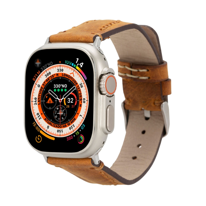 Brown leather Apple Watch band with metal buckle and stitched strap edge