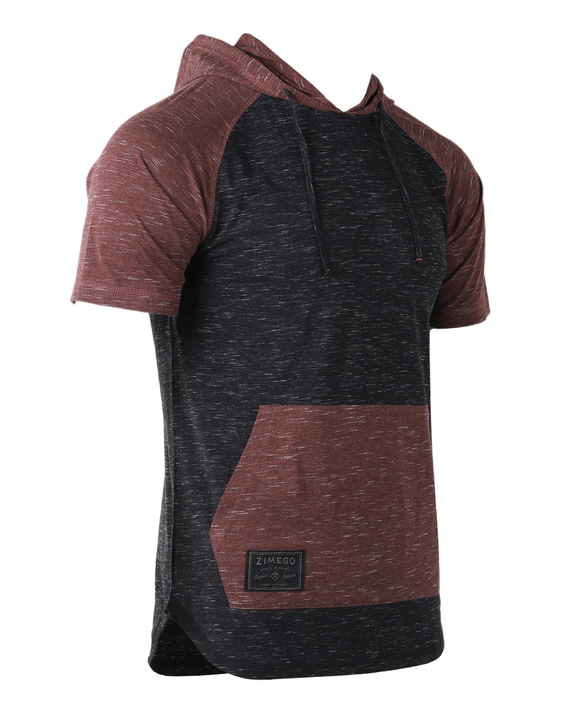 Men's raglan hoodie with maroon side panel and sleeves, dark gray body, short sleeves