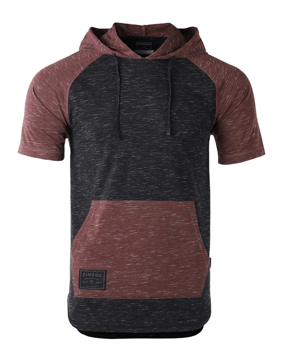 Men's color block raglan hoodie with maroon chest pocket, dark gray body, short sleeves