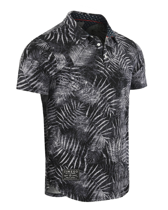 Men's short-sleeve polo shirt with black and white palm leaf print, button placket