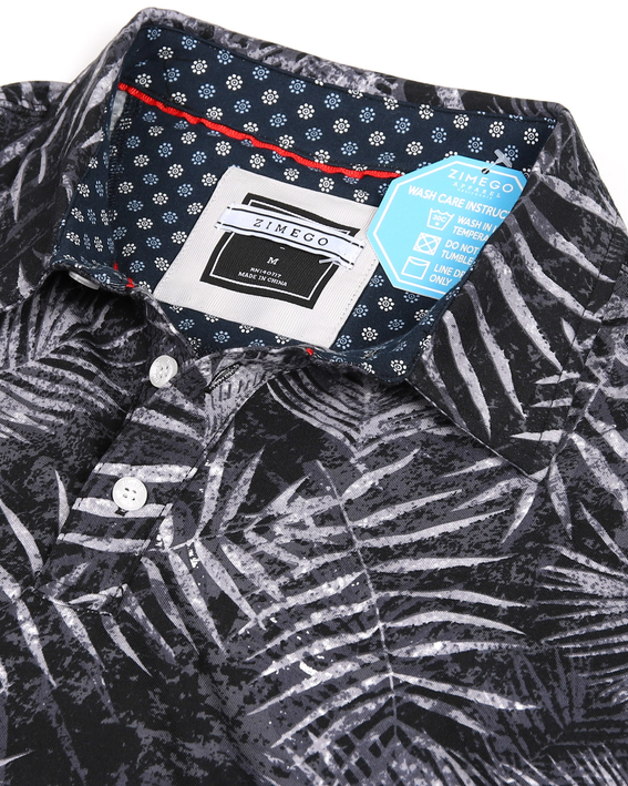Men's polo collar and chest labels, black and white palm leaf print, button placket