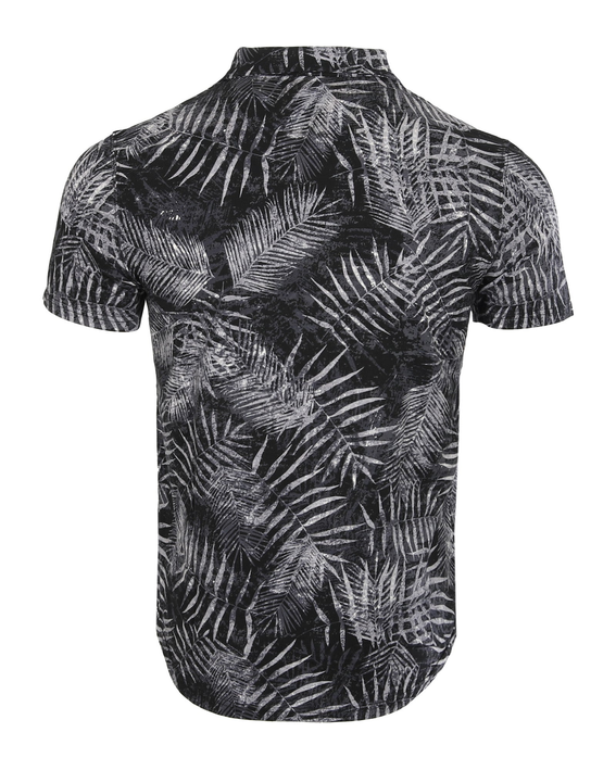 Men's short-sleeve polo shirt, back view, black and white palm leaf print