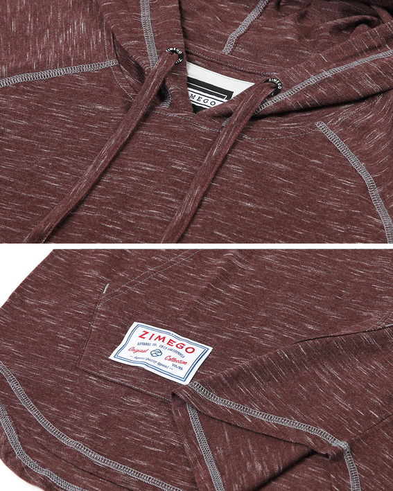 Maroon heather raglan hoodie T-shirt close-up: logo patch and drawstring ties