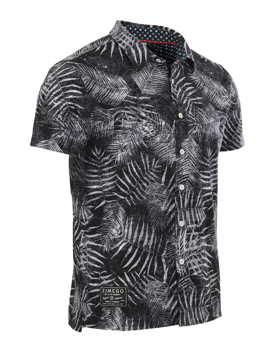 Men's button-down short sleeve shirt with black and white palm leaf print, ZIMEGO logo