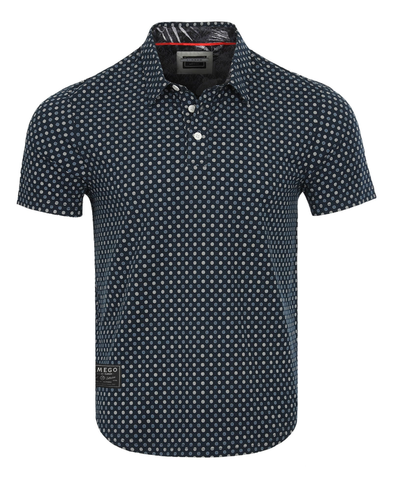 Men's dark navy short-sleeve polo with small dot pattern, button placket, collar