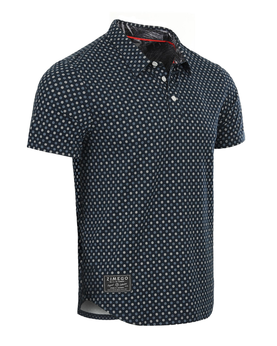 Men's dark navy polo with dot pattern, short sleeves, button front and collar