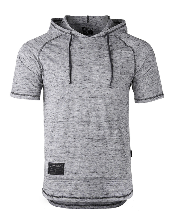 Men's heather gray short-sleeve raglan hoodie with drawstring hood and logo label