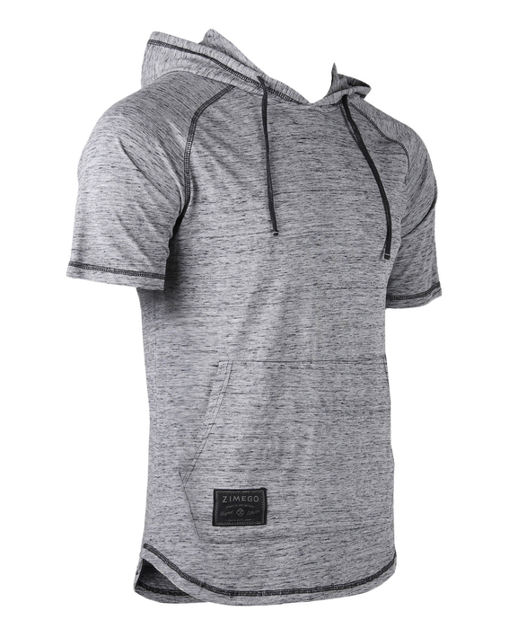 Men's heather gray short-sleeve raglan hoodie with curved hem and ZIMEGO label