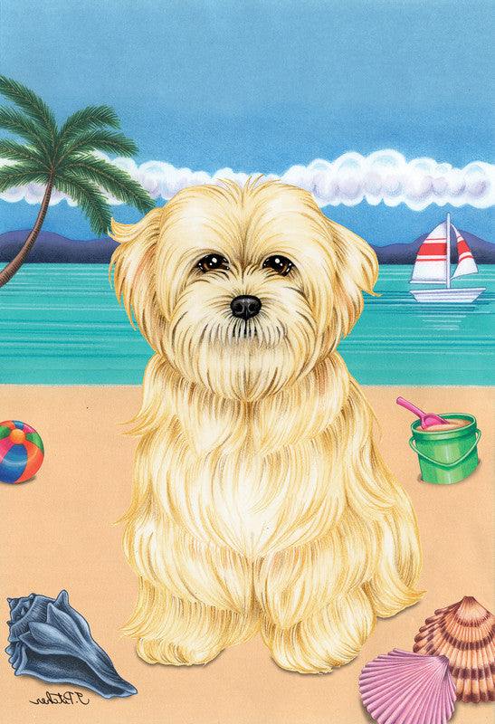 Lhasa Apso garden flag with centered illustrated tan-and-cream dog portrait