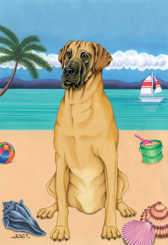 Garden flag featuring a tan Great Dane with beach scene and sailboat illustration