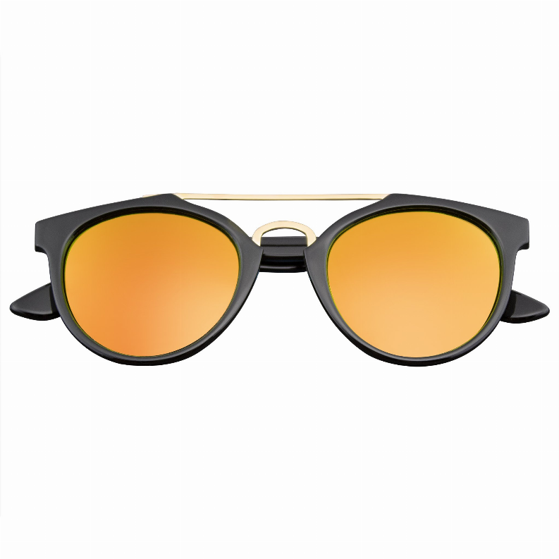 Sunglasses with black horn-rim frame and orange flash mirror round lenses