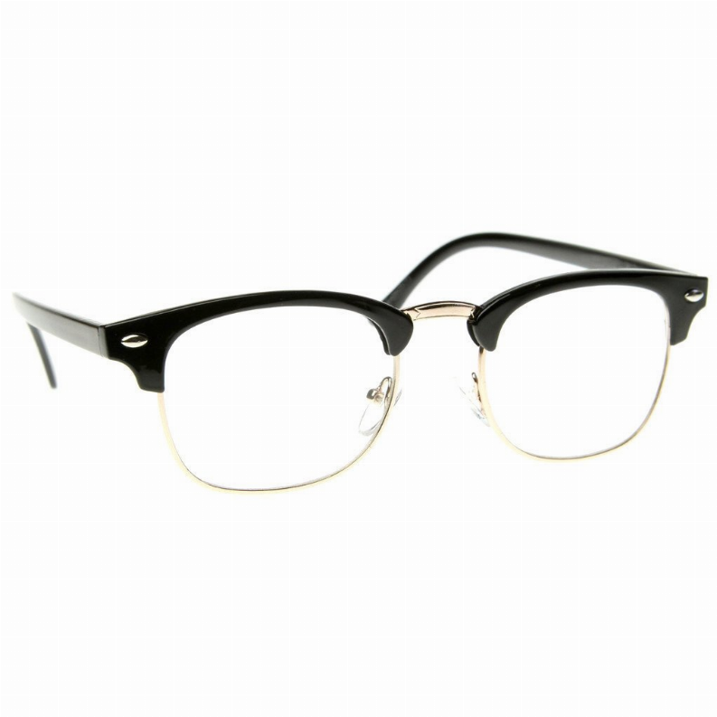 Black vintage half-frame clear lens glasses, curved brow bar and round lenses.