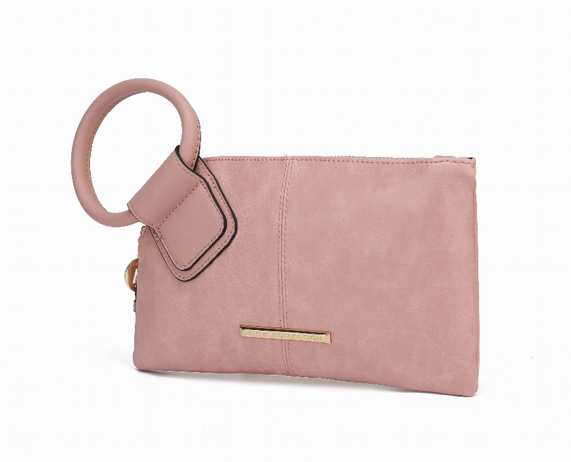 Blush pink wristlet clutch bag with wrist strap, front flap pocket, gold bar accent.