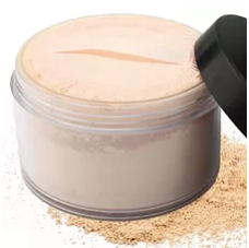 Mineral powder jar top view with beige powder surface