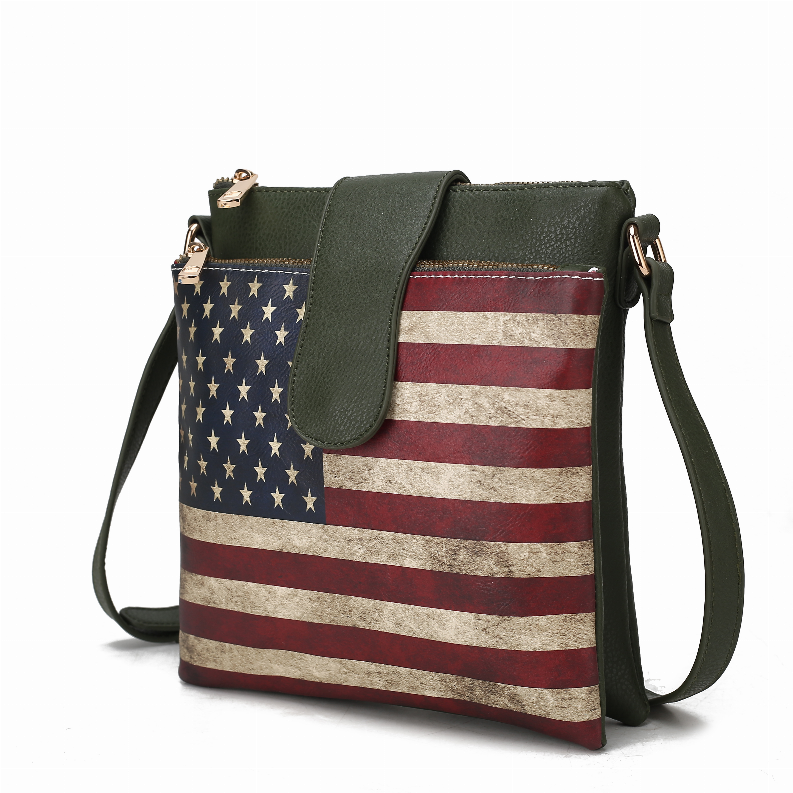 Green vegan leather crossbody bag with American flag print front, top zip, and adjustable strap
