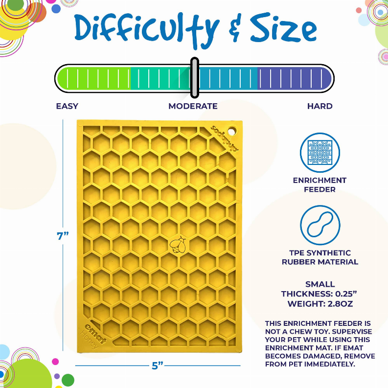 Yellow honeycomb lick mat panel showing size range and tough synthetic rubber