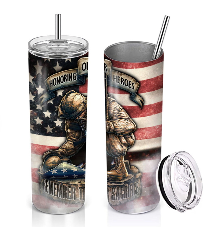Stainless steel tumbler with clear lid and metal straw; patriotic stars and stripes design