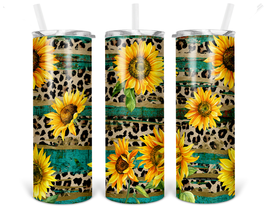 Stainless steel tumbler with sunflower and leopard print, turquoise accents, clear straw lid