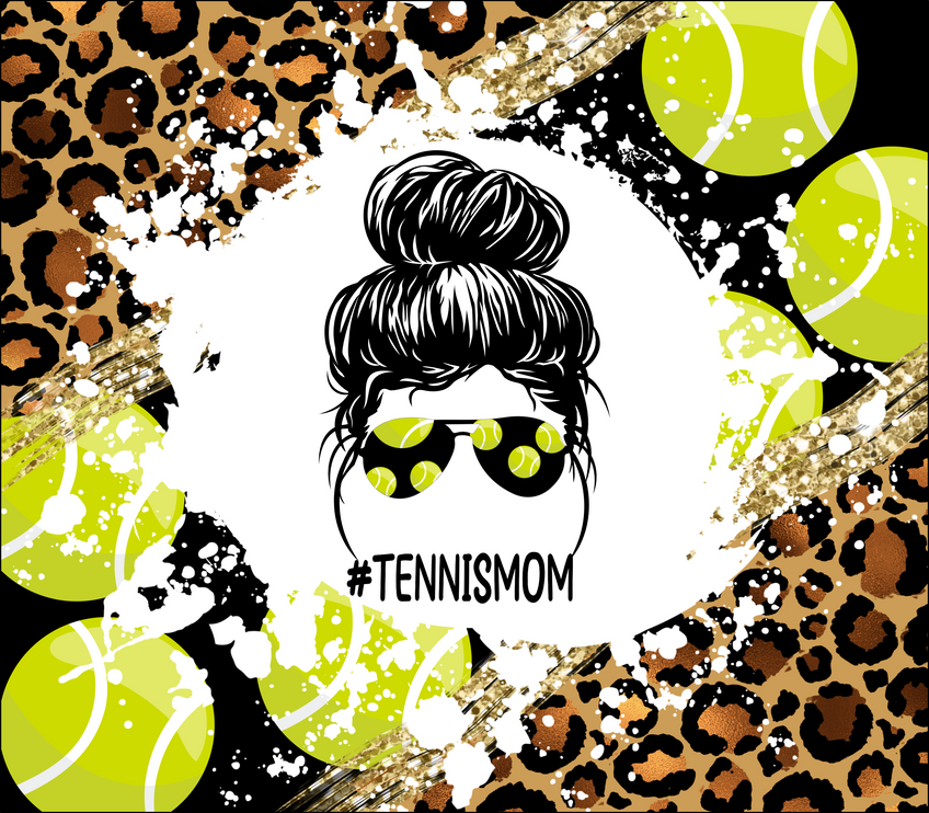 Stainless steel tumbler with leopard print and neon tennis hashtag graphic