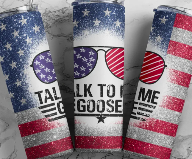 Stainless steel tumbler with stars-and-striped graphic and black lid