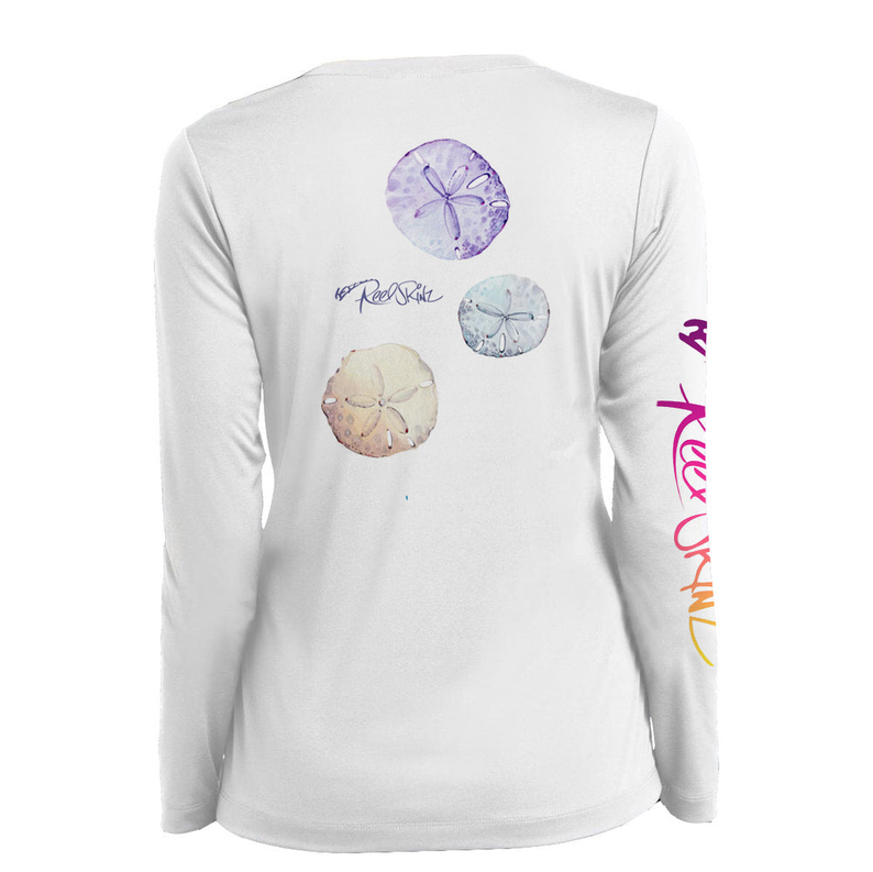 White long-sleeve T-shirt with sand dollar shell graphics on back