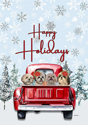 Holiday garden flag with red truck and four Shih Tzu; snowy flakes and Happy Holidays