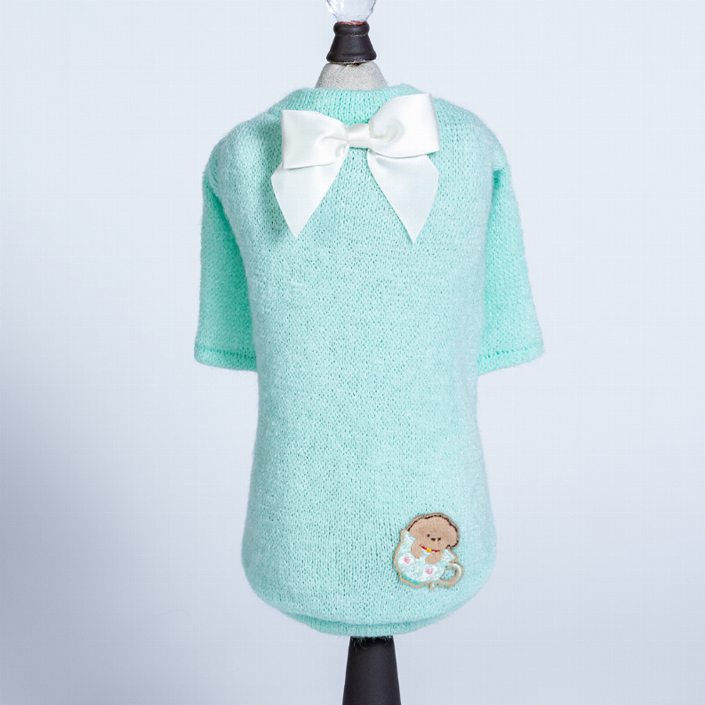 Aqua knit pet sweater with white bow collar and teddy applique on hem